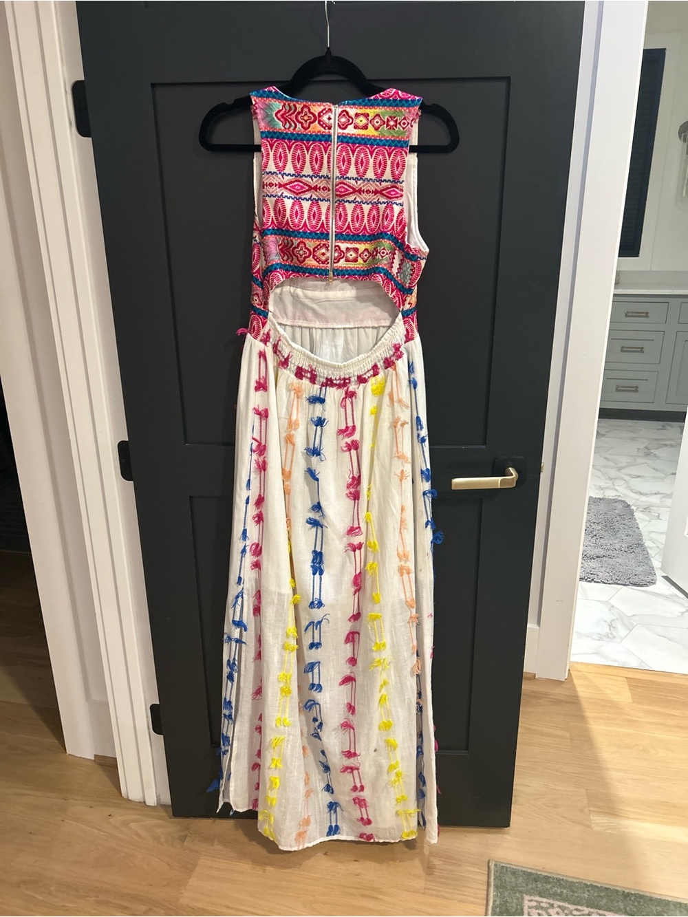 En Creme White Maxi Dress with Pink, Blue, Yellow & Orange Embroidery - Picture 2 of 6